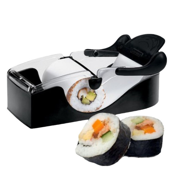 A sushi rolling machine with a finished sushi roll containing vegetables like cucumber and carrot, placed next to the machine. The sushi roll is cut into pieces and displayed in the foreground