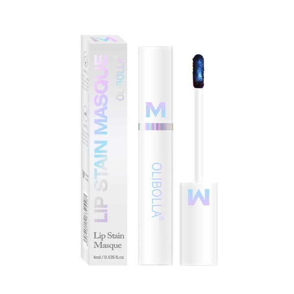 A tube of Olibolla Lip Stain Masque with a matching box. The lip stain tube is white with holographic accents, and the applicator is visible beside it