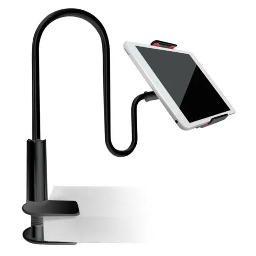 A flexible tablet holder with a clamp, designed to hold a tablet in place. The holder has a curved arm and securely holds a tablet in a vertical position