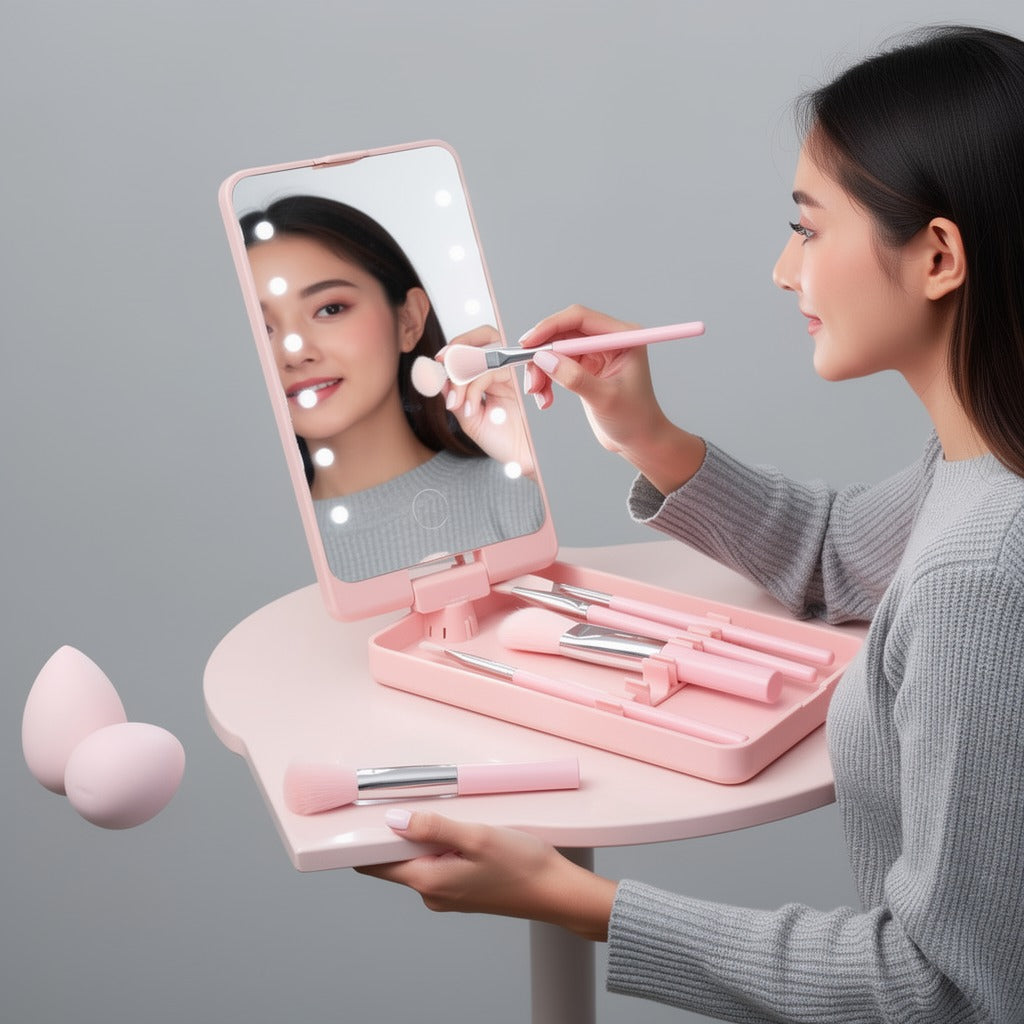 A woman is applying makeup using a pink makeup brush in front of a mirror with built-in lights. The mirror reflects her smiling face, and there is a set of pink makeup tools, including brushes and sponges, on the table in front of her
