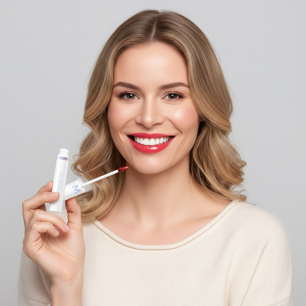 A woman with blonde hair and a bright smile is holding a tube of lip gloss in one hand, applying it with the applicator to her lips. She is wearing a beige top and has a confident expression